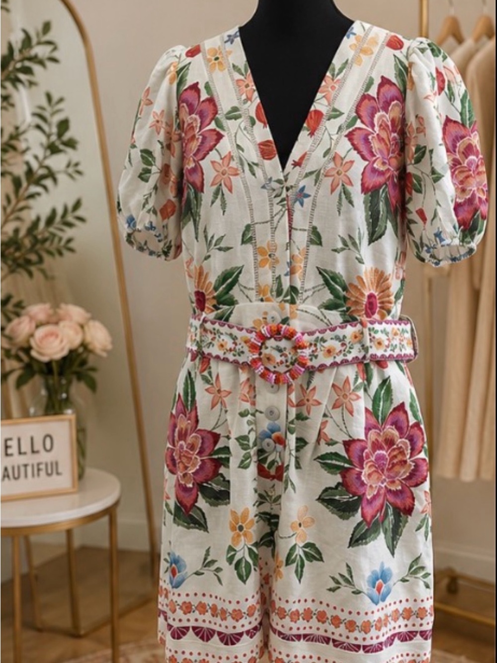 NWT Caroline Constas Floral Linen Blend Belted Romper Size 10